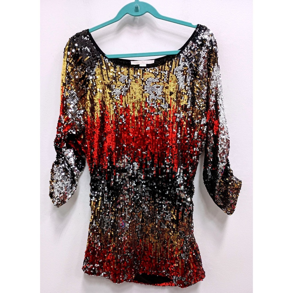 Boston Proper Sequin Blouse Womens Large Multicolor Sparkle Party Top 3/4 Sleeve